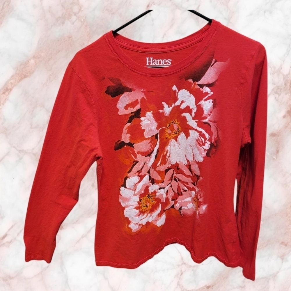 Hanes Live Love Color Red Abstract Floral Long-Sleeve T-Shirt Women's L T34